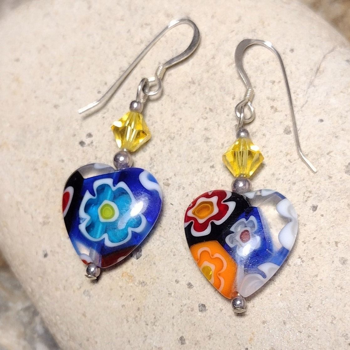Heart Murano Millefiori Glass Flower Crystal Beaded Sterling Silver Earrings